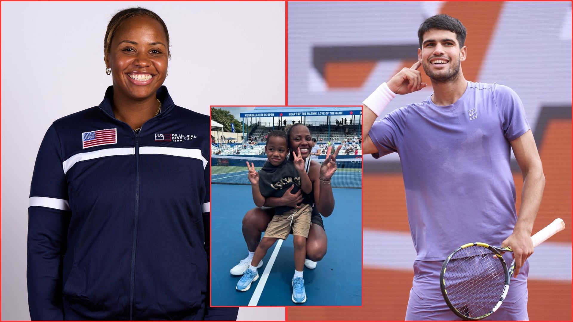 Taylor Townsend with her son Adyn (inset), Carlos Alcaraz | Getty &amp; Instagram