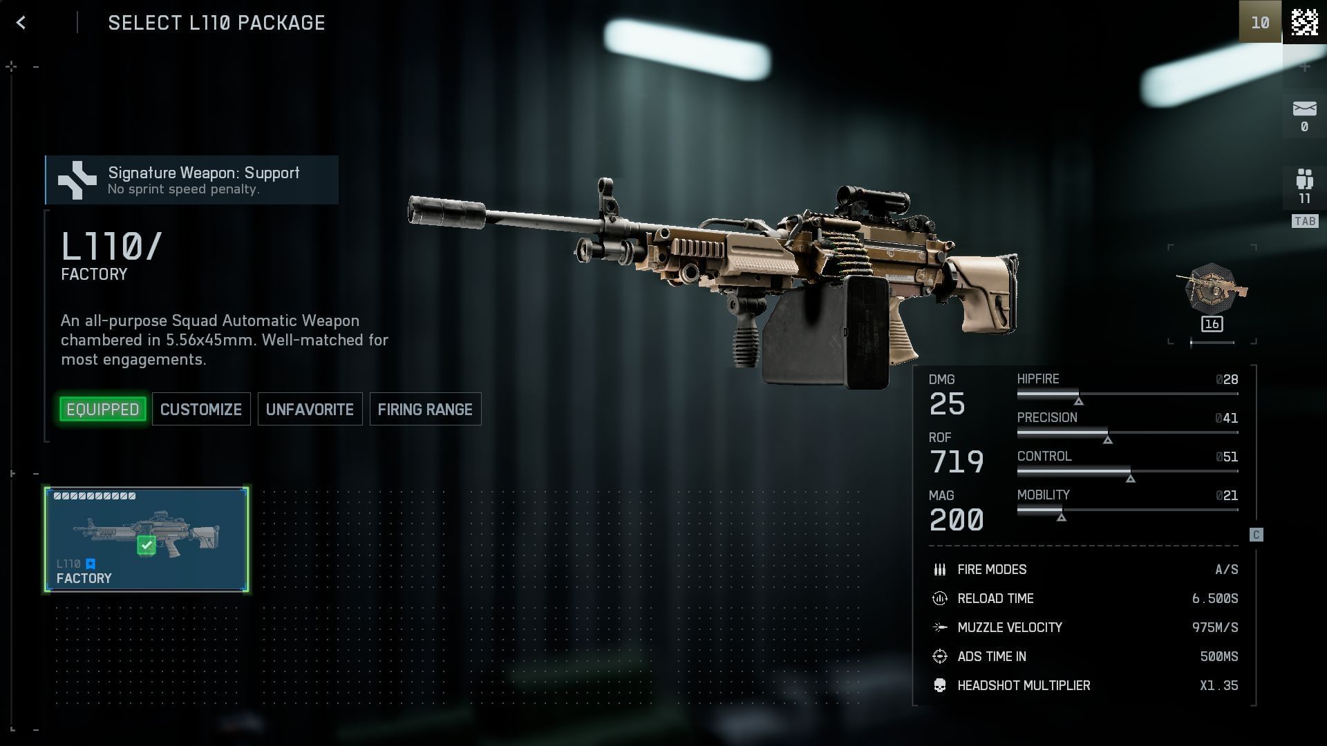 Stats of the L110 LMG loadout (Image via Sportskeeda Gaming || EA)