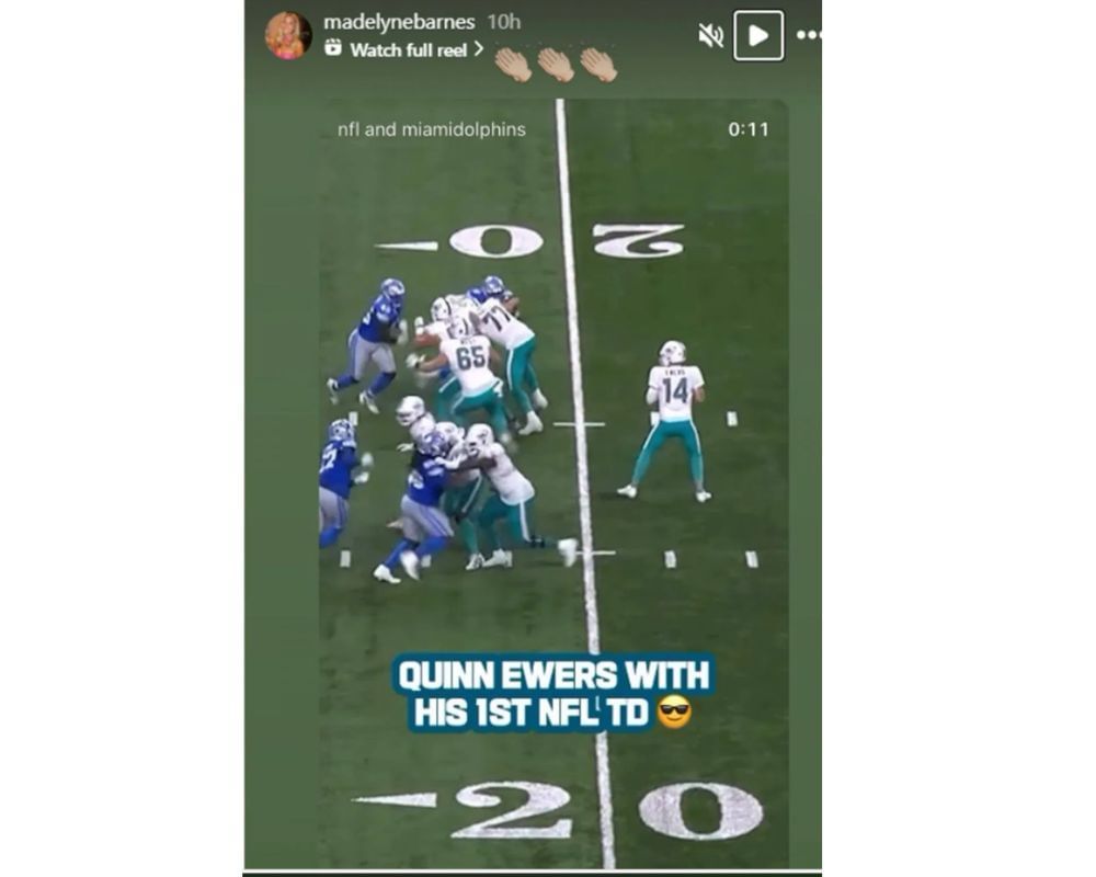 Dolphins&rsquo; rookie QB Quinn Ewers gets support from GF Madelyn Barnes after preseason win in Detroit [IG/@madelynebarnes]