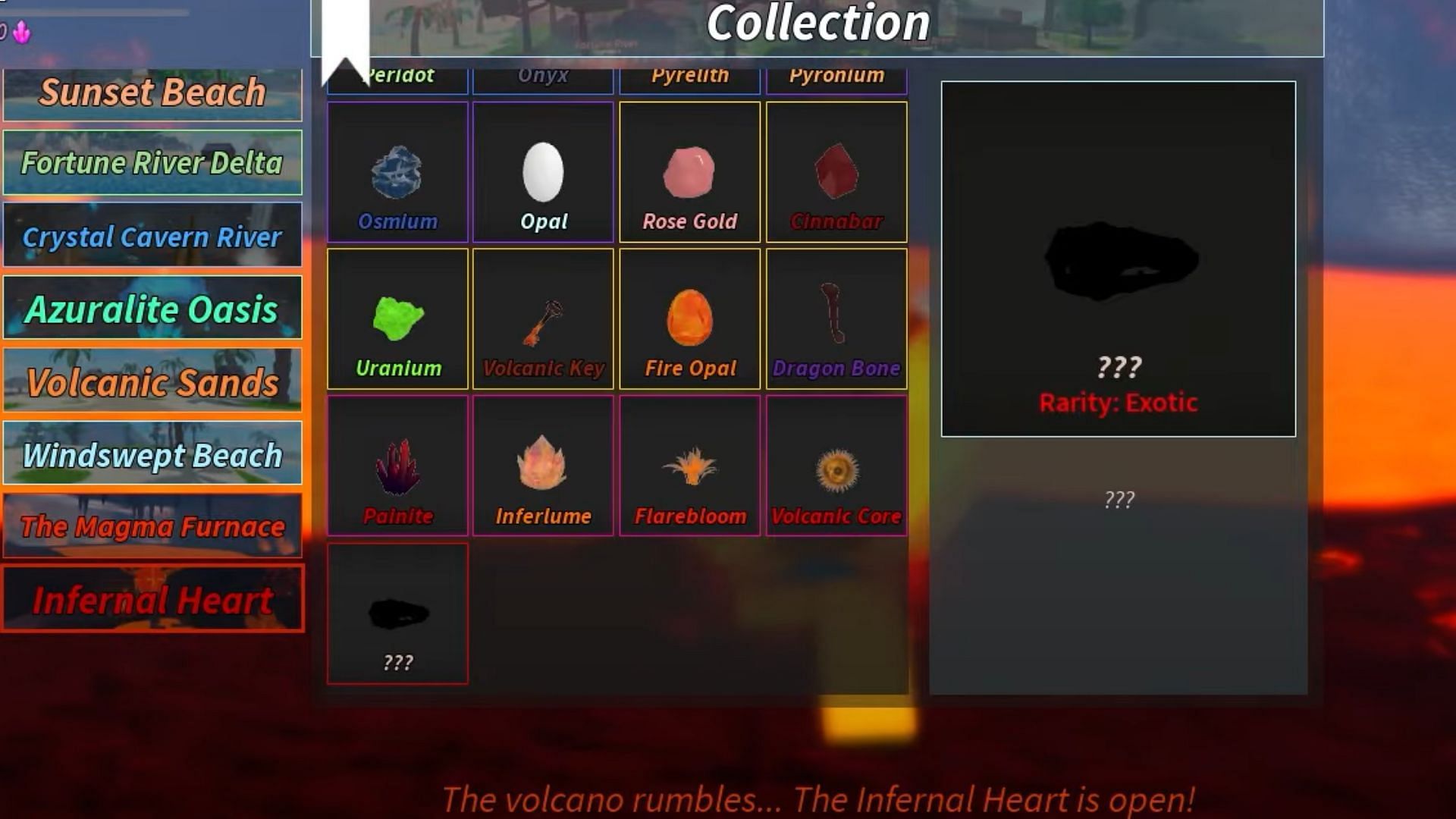 Minerals in Infernal Heart (Image via Roblox)