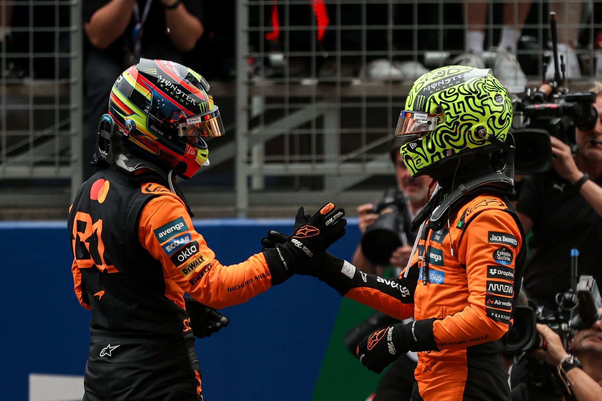 Oscar Piastri and Lando Norris celebrate a McLaren 1 - 2 finish in China, 2025 (Getty Images)