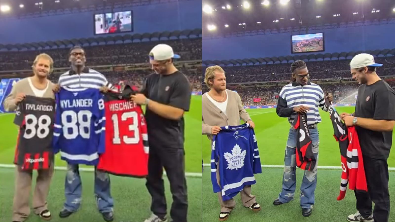 William Nylander swaps jerseys with Rafael Leao ahead during AC Milan