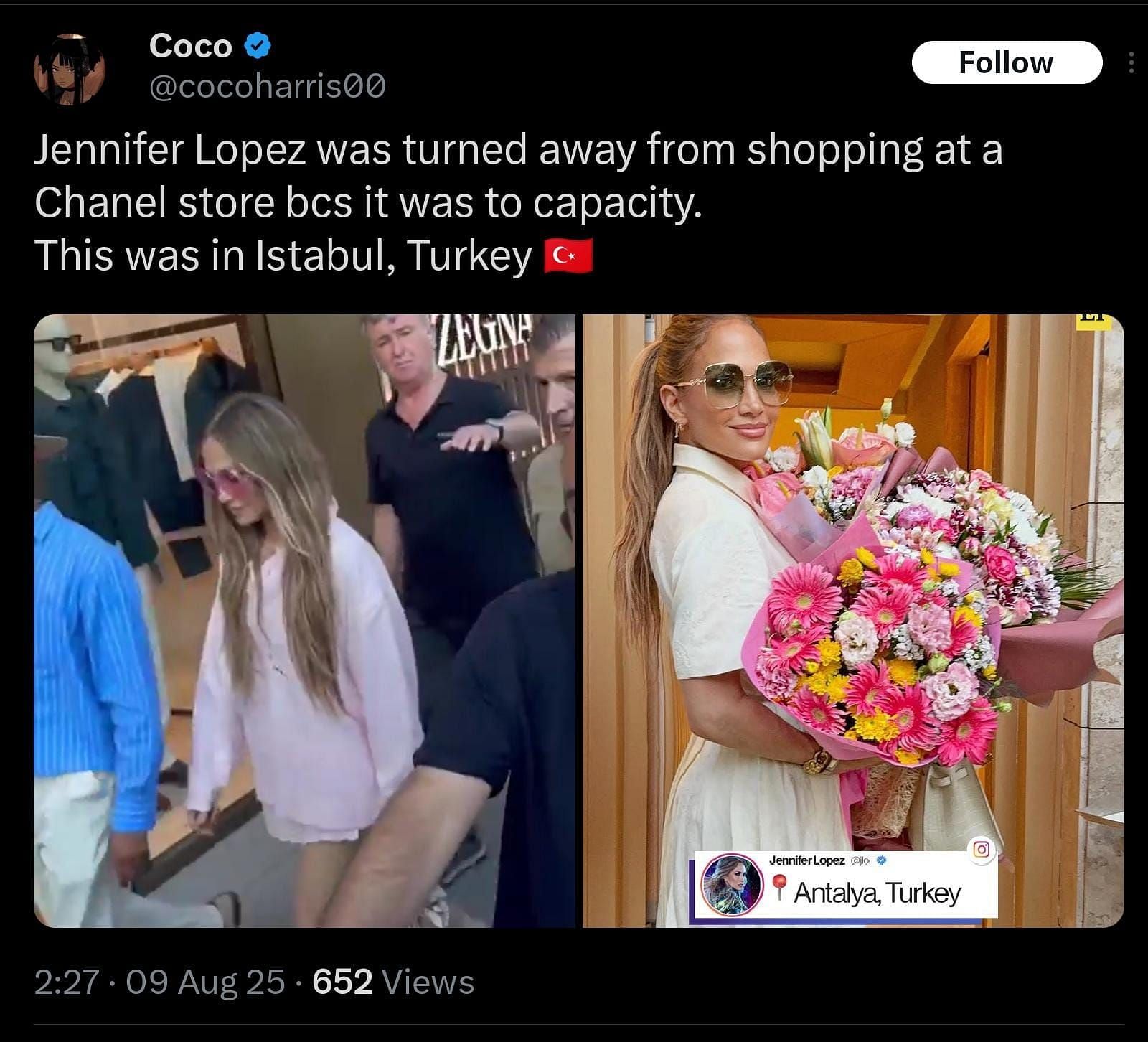 Jennifer Lopez turned away from the Chanel store in Istanbul (Image via X/@cocoharris00). 