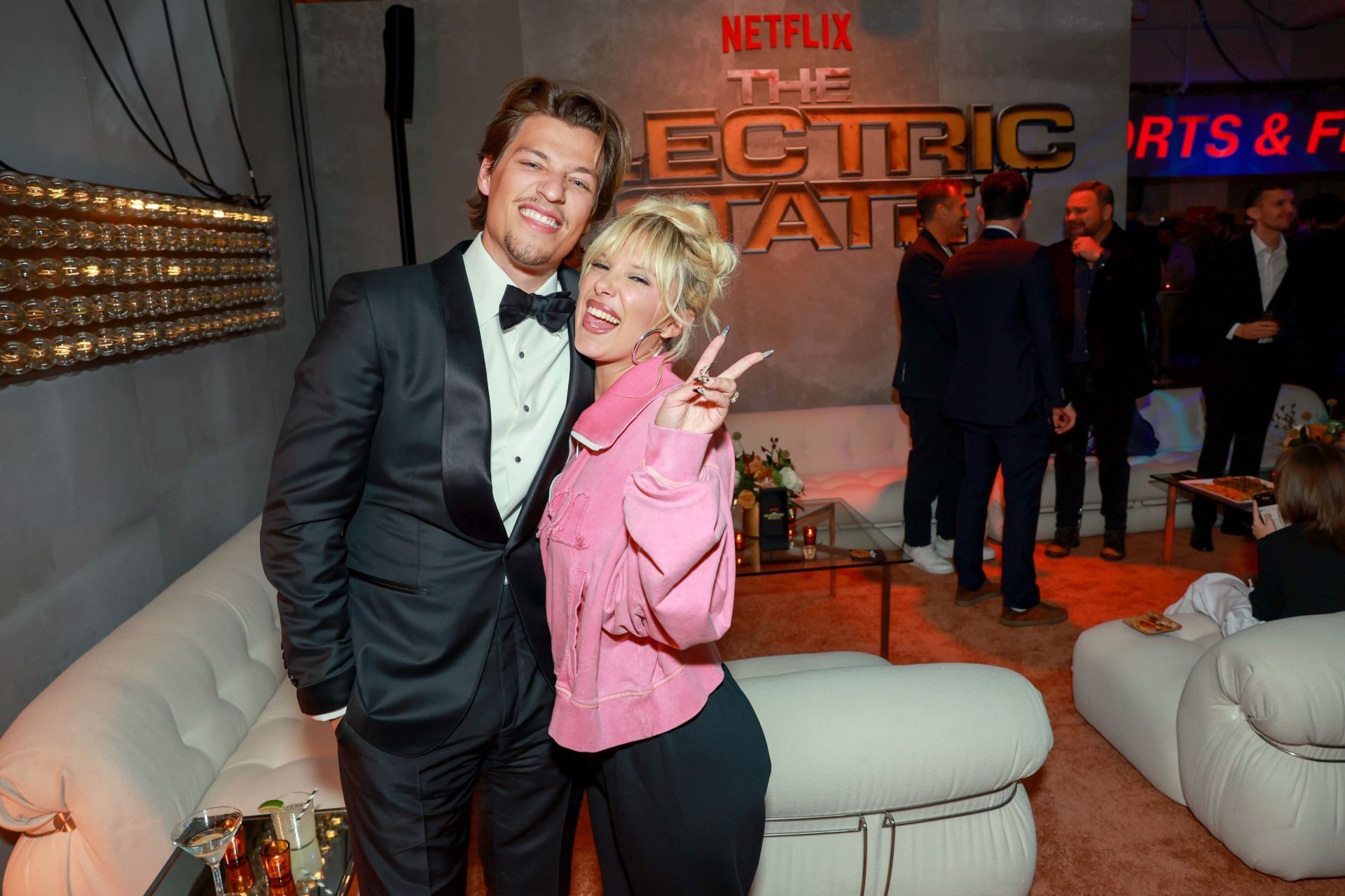 Jake Bongiovi and Millie Bobby Brown at the The Electric State premiere (Image via Matt Winkelmeyer/Getty Images)