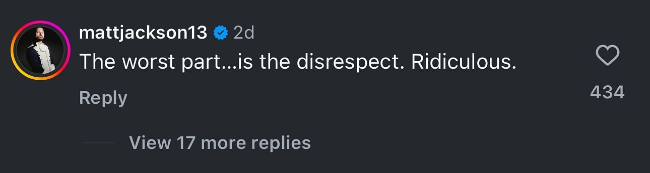 Screengrab of Matt Jackson&#039;s comment [Image source: AEW&#039;s Instagram account]