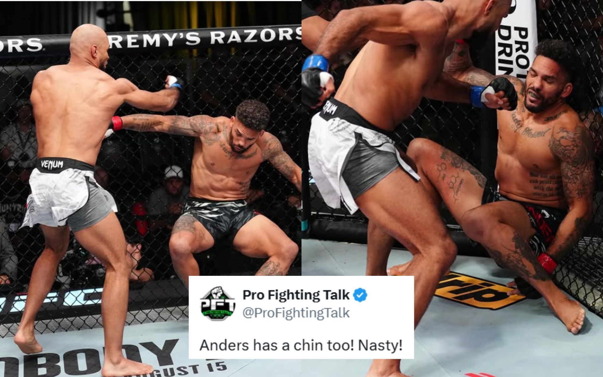 Christian Leroy Duncan (in white shorts) knocked out Eryk Anders (in black shorts) in vicious fashion at UFC Vegas 109. [Images courtesy: @ufc on Instagram]