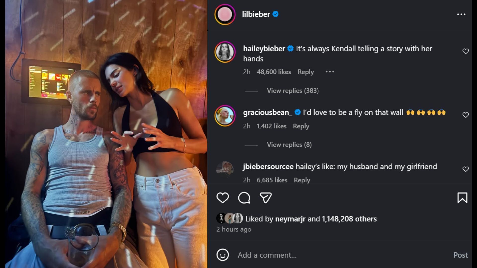 Justin Bieber&#039;s post with Hailey Bieber&#039;s comment (Image via Instagram/@lilbieber)