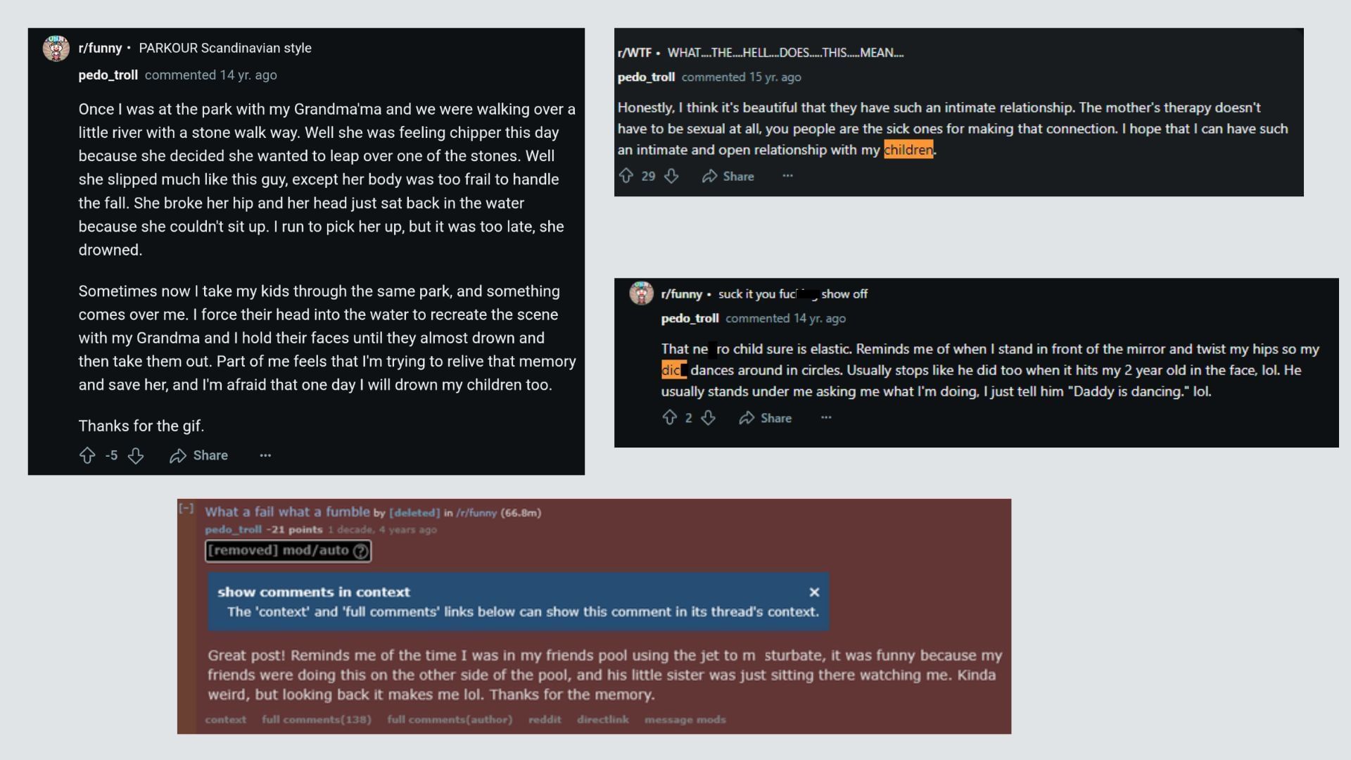 More controversial posts from u/pedo_troll (Images via @SaltyScreen444, @j3lte, @TheOmniLiberal/X)