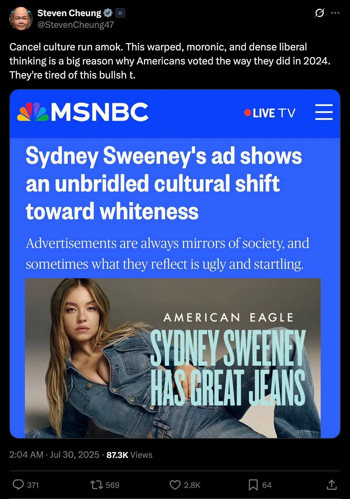 Steven Cheung&#039;s tweet in response to MSNBC&#039;s article on Sydney Sweeney&#039;s American Eagle ad (Image via X/@StevenCheung47)