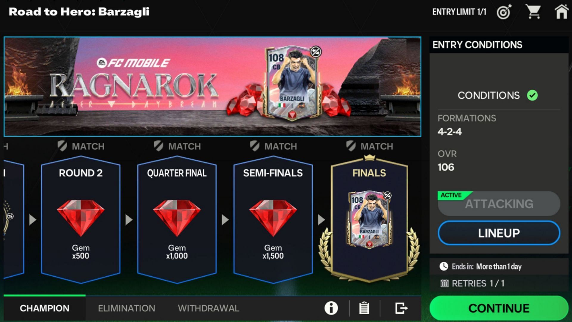 Snippet showing the round rewards in the Road to Hero Barzagli Challenge mode in EA FC Mobile (Image via EA Sports)