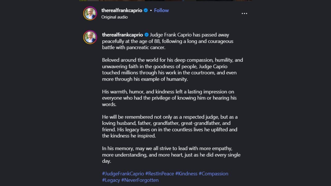 Statement from Frank Caprio&#039;s Instagram account (image via Instagram/therealfrankcaprio)