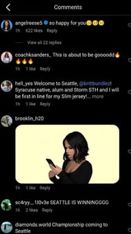 Angel Reese and others commented on the Seattle Storm's announcement post. (Credits: IG/Seattle Storm)