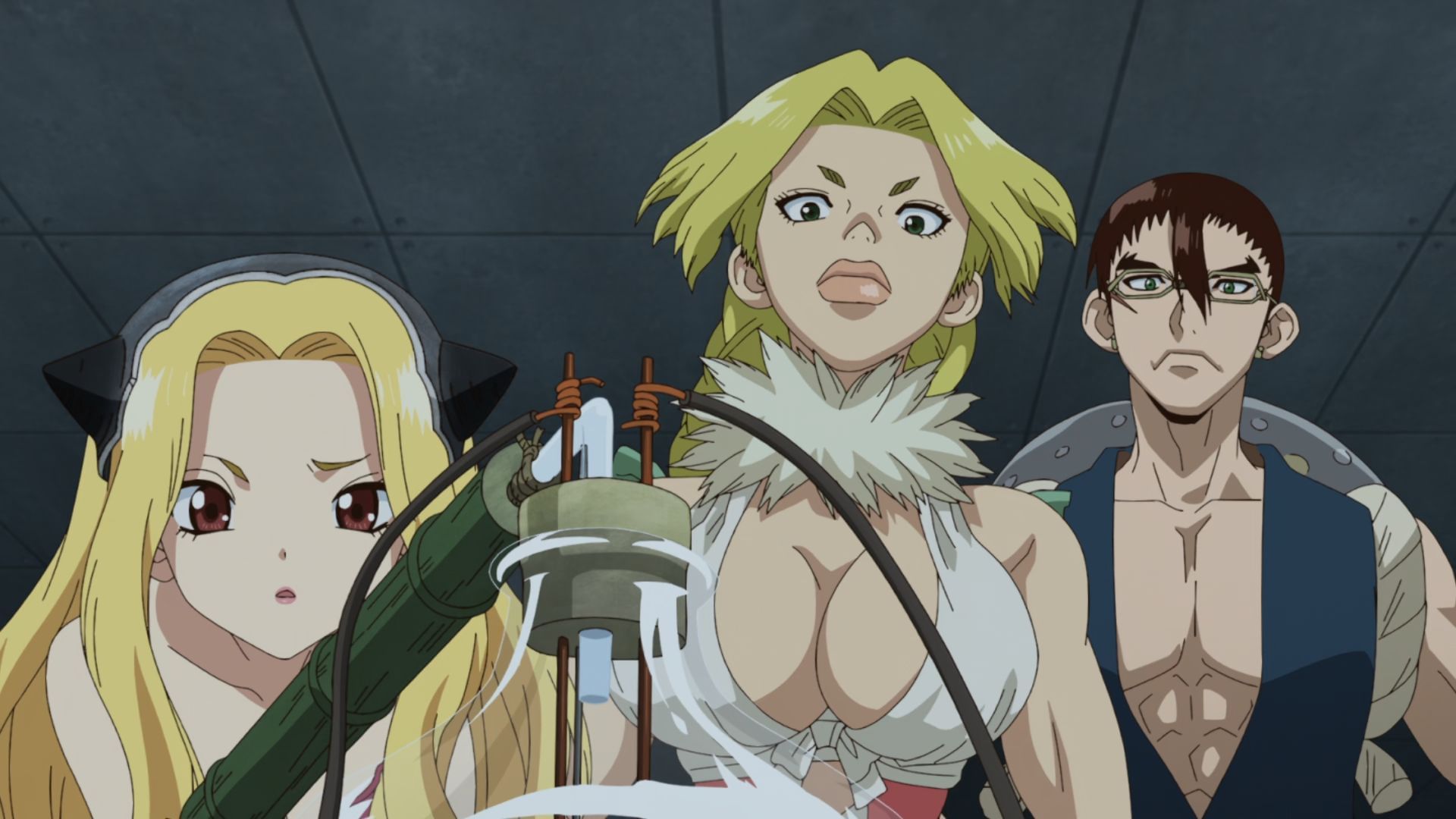 Minami, Nikki, and Kinro in Dr. Stone: Science Future part 2 episode 6 (Image via TMS Entertainment)
