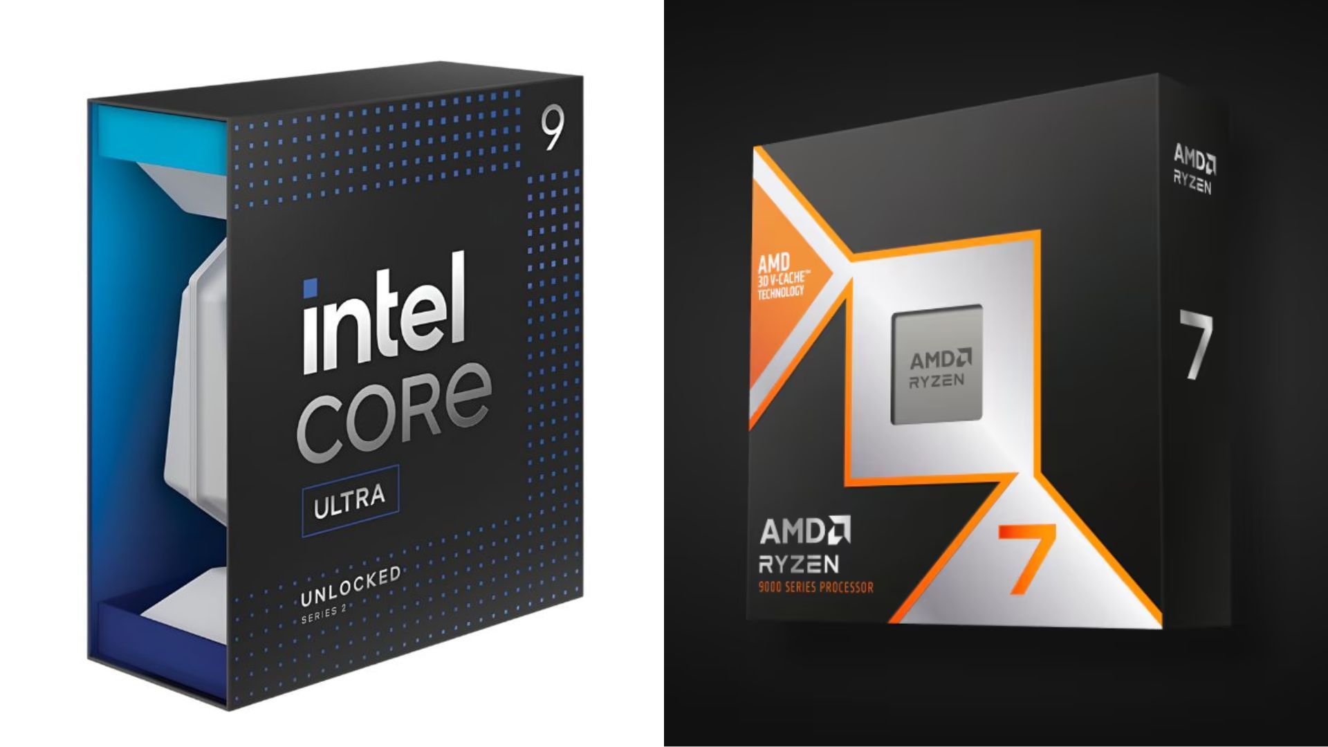 The Intel Core Ultra 9 285K and Ryzen 7 9800X3D are high-end gaming CPUs (Image via AMD and TMT)