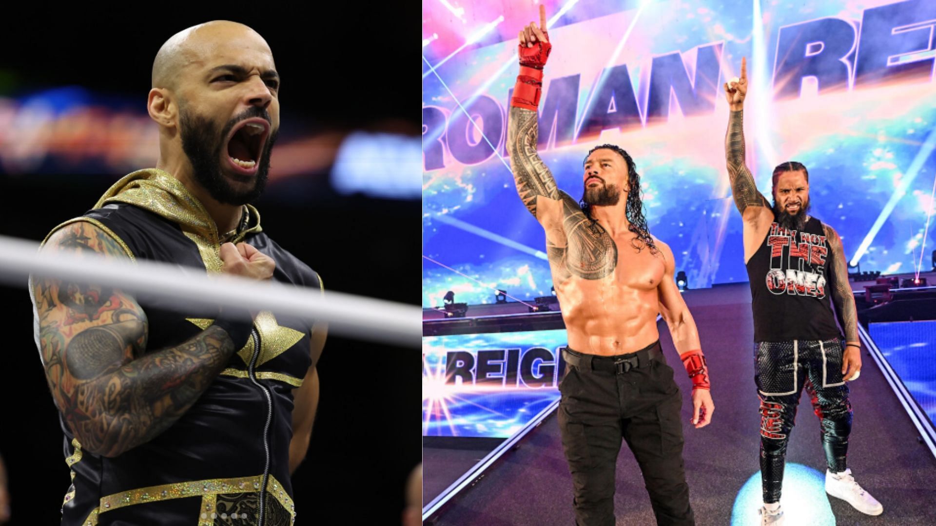 Ricochet (left) / Roman Reigns and Jimmy Uso of The Bloodline and the Anoa
