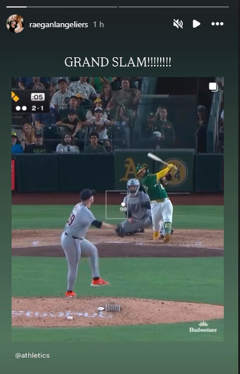 Shea Langeliers&#039; wife Raegan drops 2-word message after celebrating Athletics star&#039;s home grand slam on her social media account.(Via Instagram)