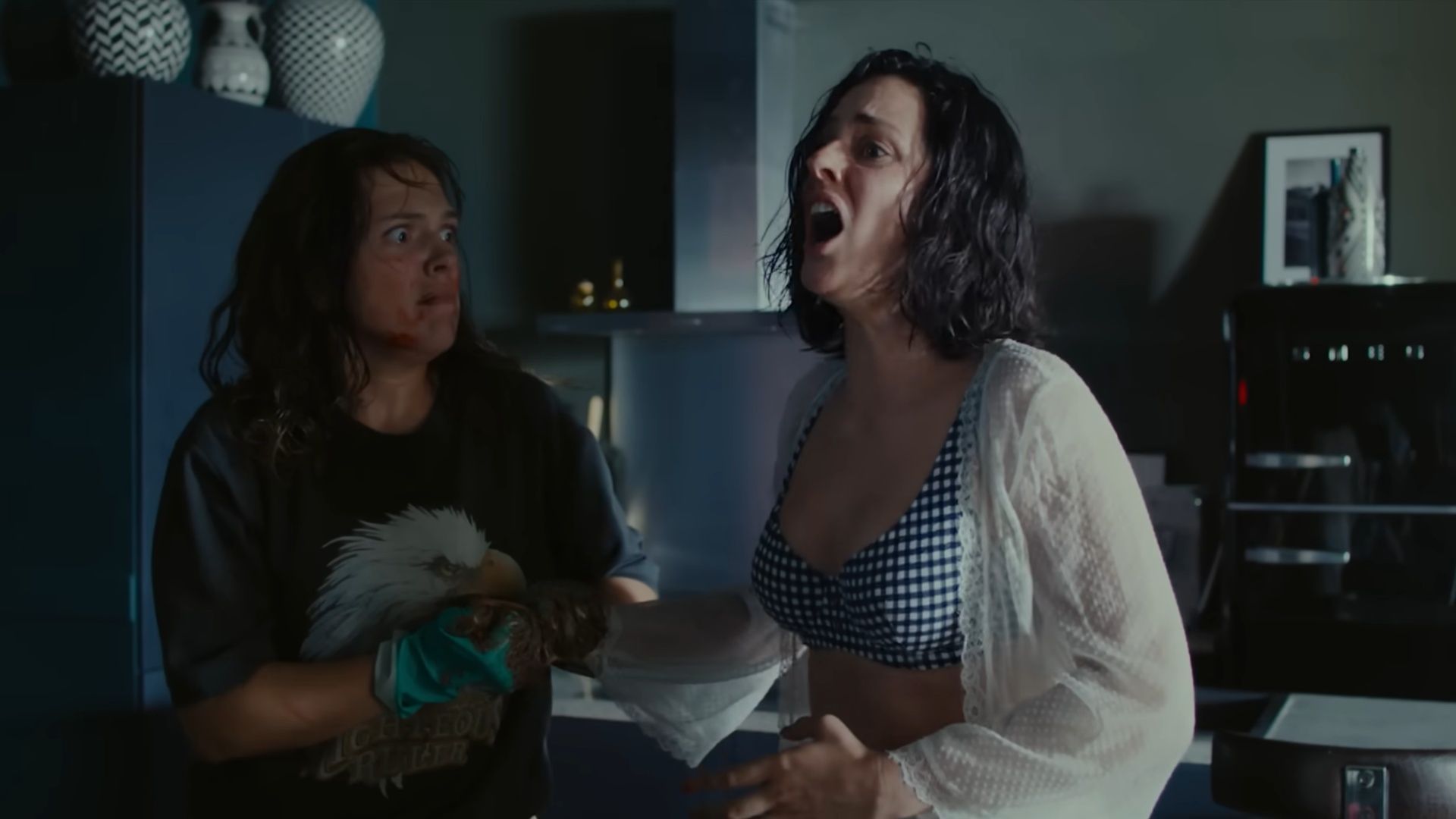 A tense kitchen scene in The Balconettes shows Nicole and Elise panicking after violence erupts (Image via The Forge)