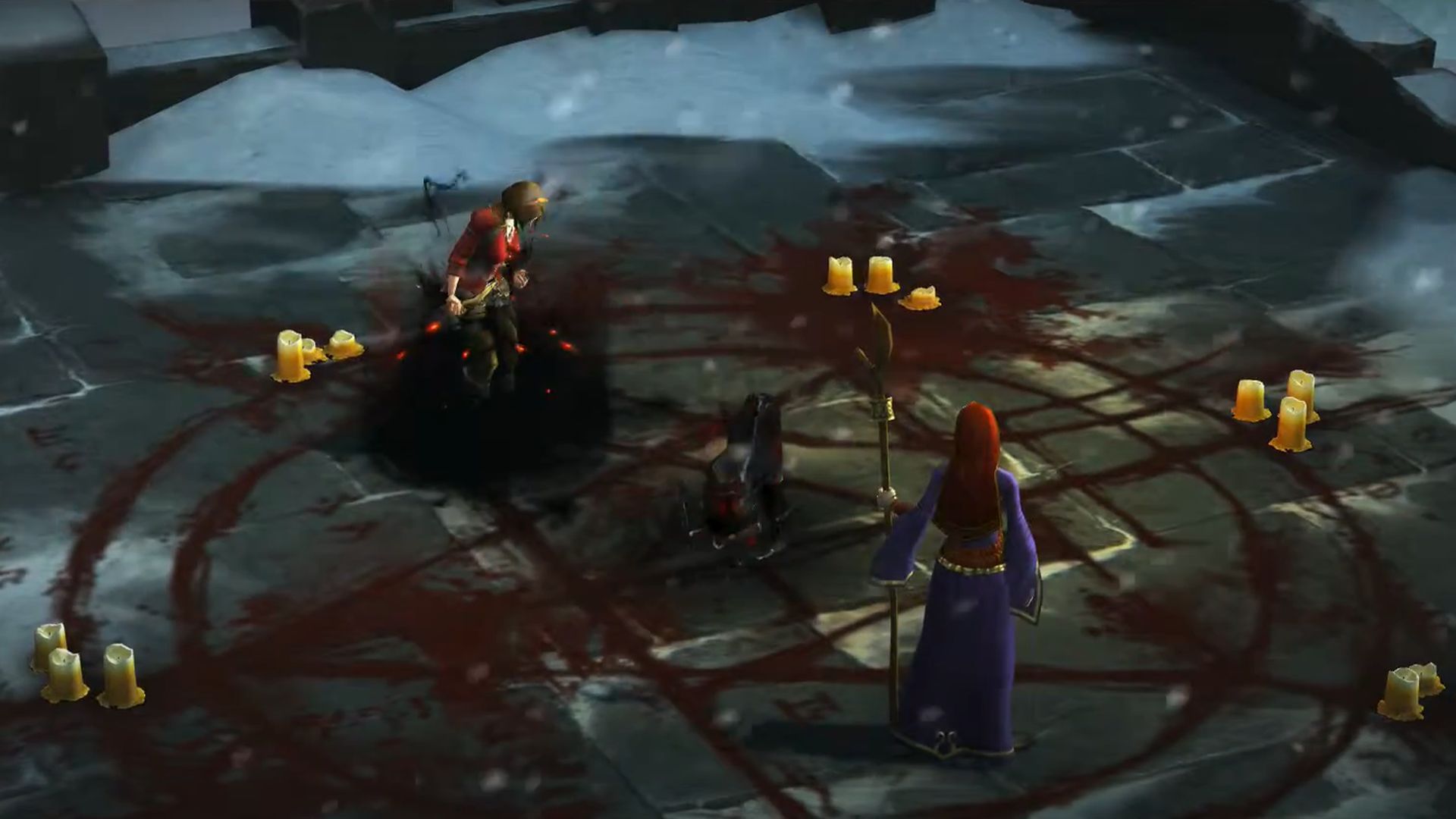 In Act 3 of Diablo 3, the protagonist and Tyrael watch helplessly as Adria, the Witch, uses Leah as a vessel for Diablo to appear (Image via Blizzard Entertainment)