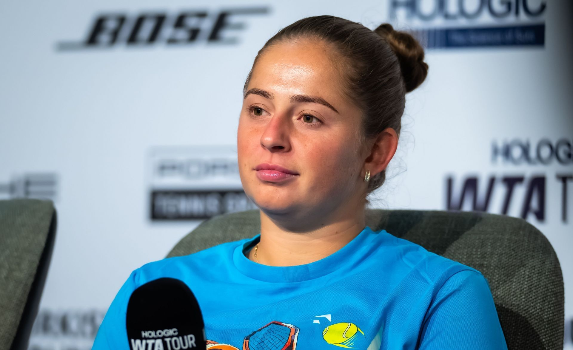 Jelena Ostapenko during a press conference at the 2025 Porsche Tennis Grand Prix in Stuttgart (Source: Getty)
