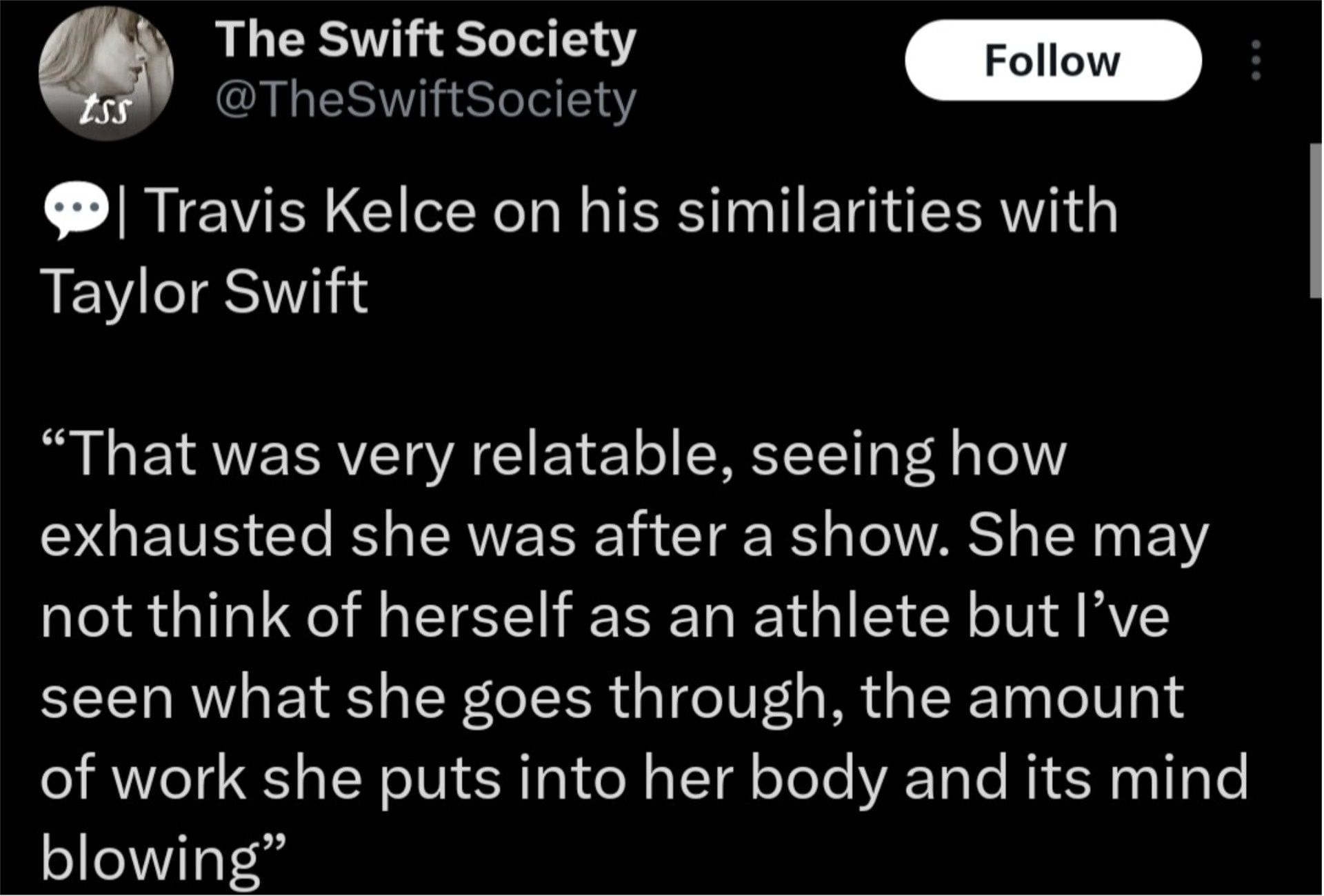 Travis Kelce on The Eras Tour&#039;s impact on Taylor Swift, (Photo via X/@TheSwiftSociety)