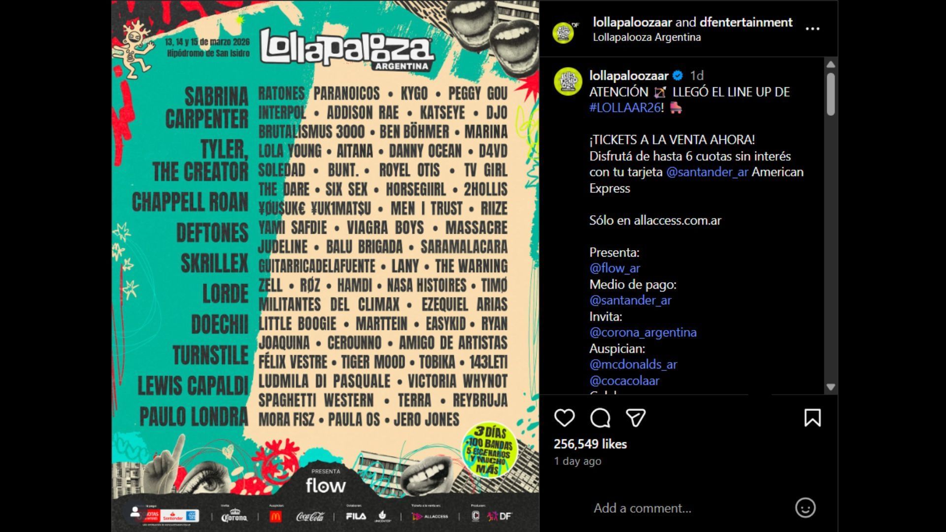 Lollapalooza Argentina 2026 lineup (Image via Instagram/@lollapaloozaar)