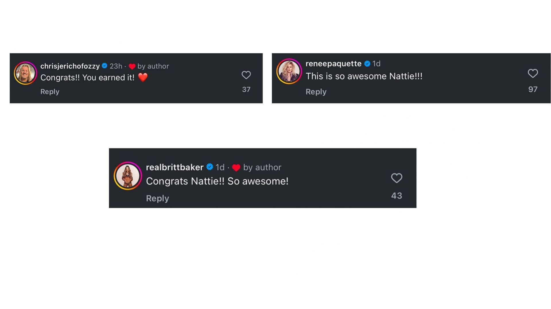 Screengrab of Chris Jericho, Britt Baker, and Renee Paquette&#039;s reactions (source: Natalya&#039;s Instagram account)