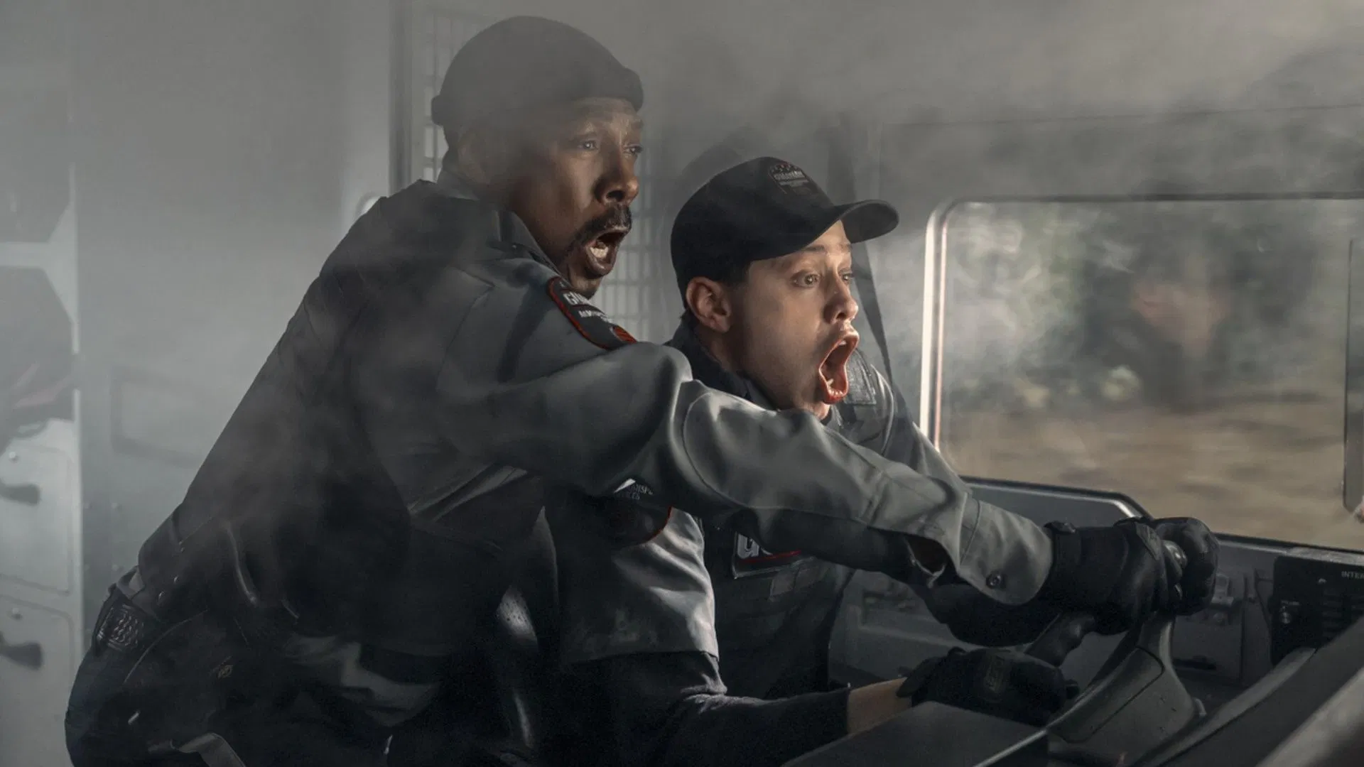 Eddie Murphy and Pete Davidson&rsquo;s characters face a high-speed crisis in The Pickup as armored truck guards caught in the chaos (Image via Amazon Prime Video)
