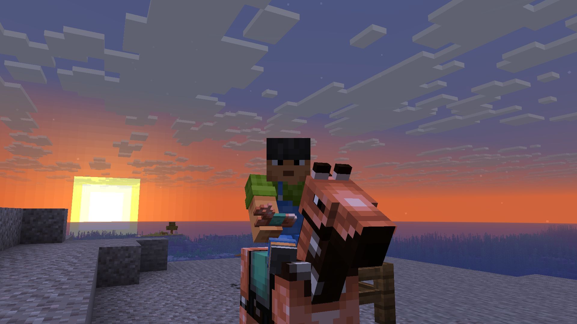 Horse with copper armor by the sunset