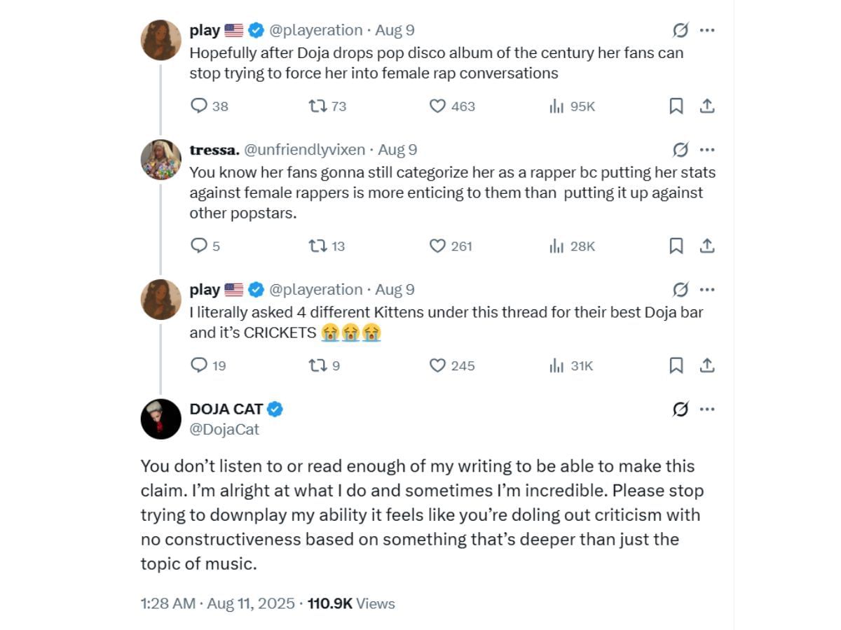 Doja&#039;s tweet clapping back at criticism (Image via X/ @DojaCat)