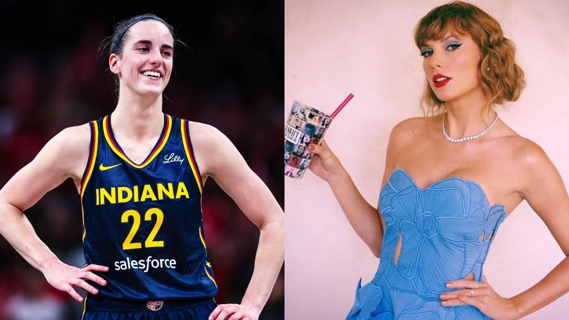 An image of Caitlin Clark and Taylor Swift side by side