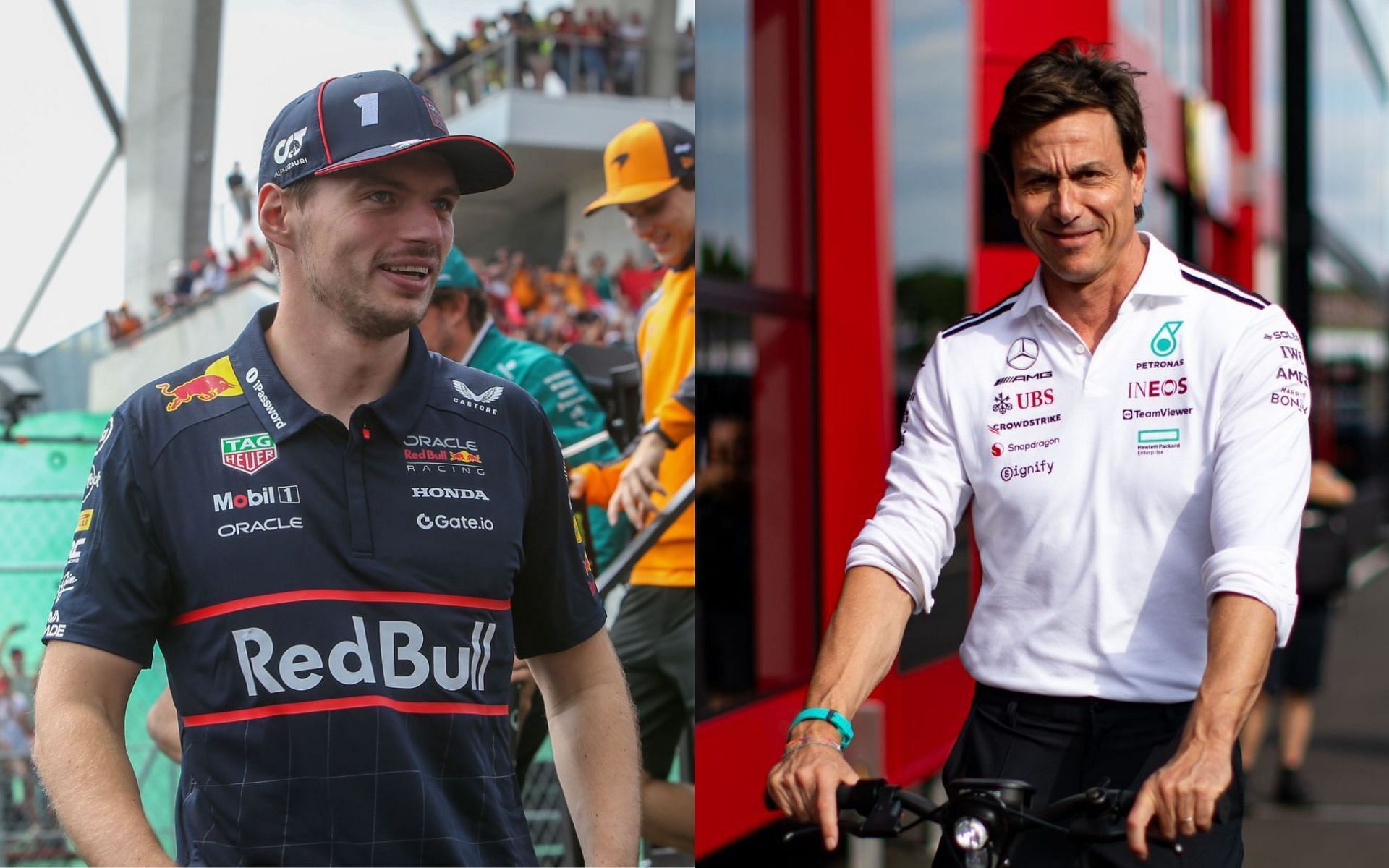 Max Verstappen (L) and Toto Wolff (R)