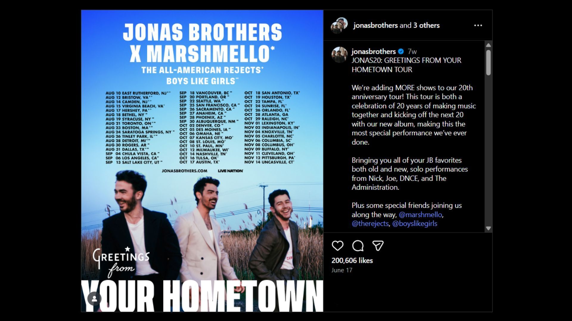 The Greetings From Your Howmetown tour kicks off on August 10, 2025 (Image via Instagram/@jonasbrothers)