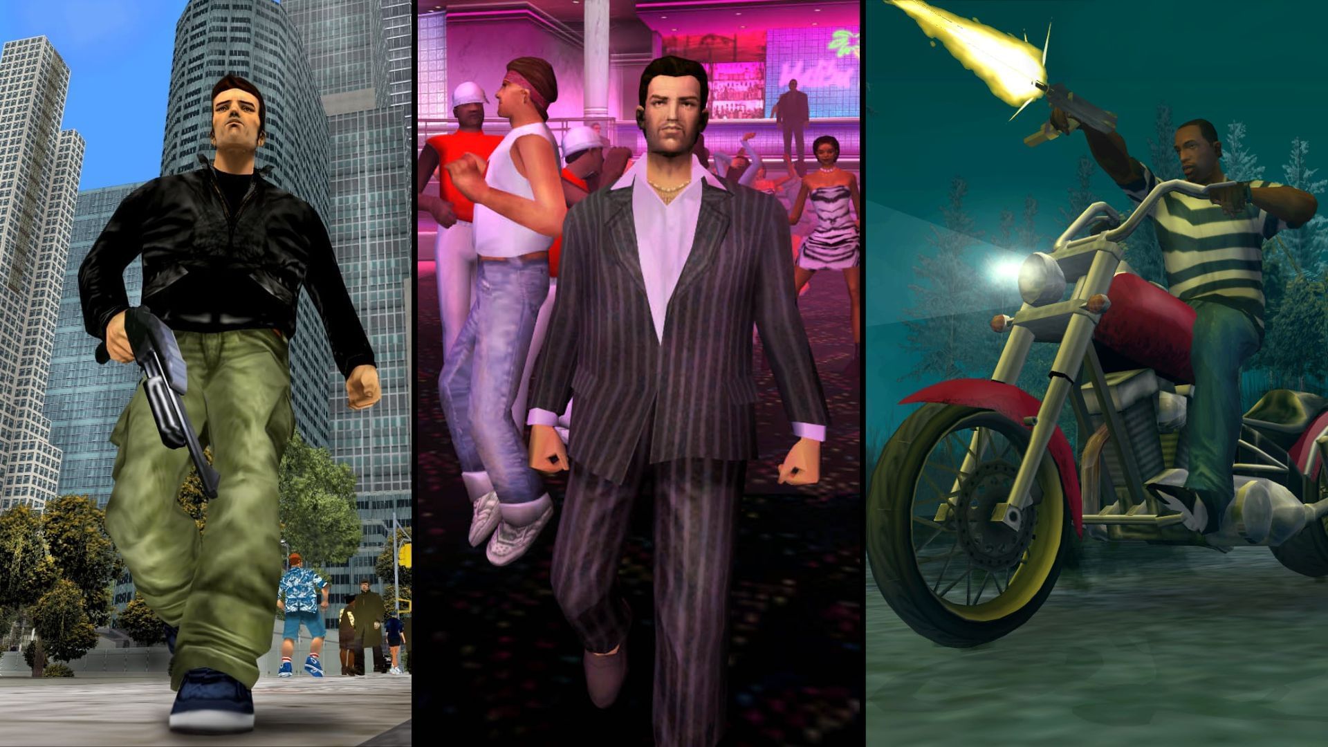 Protagonists of the GTA Trilogy - Claude, Tommy Vercetti, and Carl &quot;CJ&quot; Johnson, from left to right (Images via Rockstar Games)