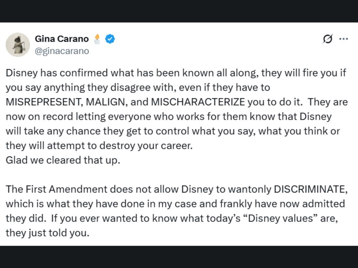 Gina&#039;s tweet firing back at Disney (Image via X/ @ginacarano)