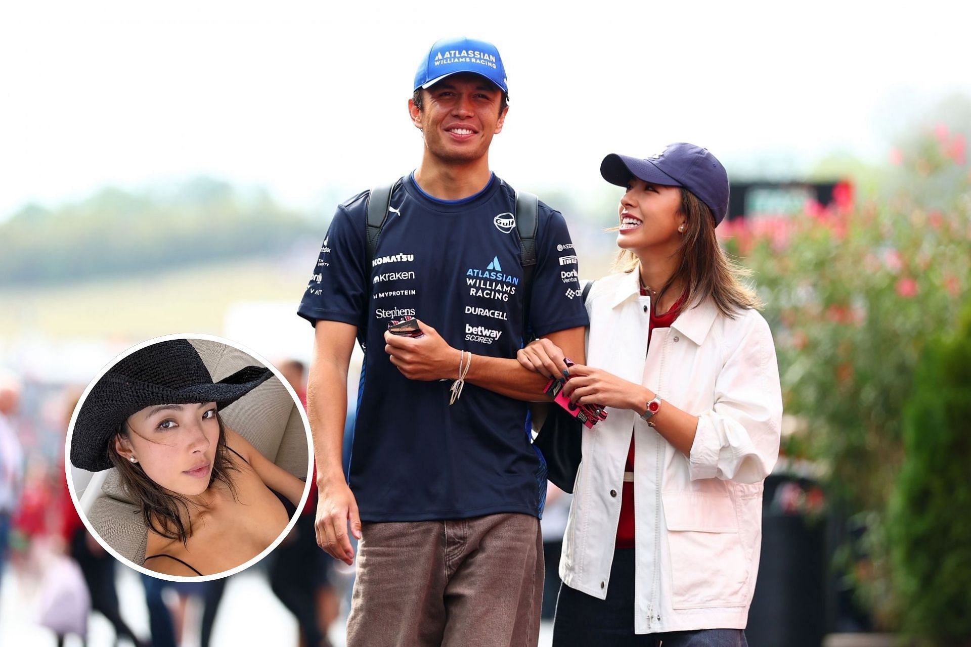 Alex Albon&rsquo;s girlfriend Lily Muni He rocks a black bikini top and a cowboy hat (Images from @lilymhe on Instagram and Getty Images)