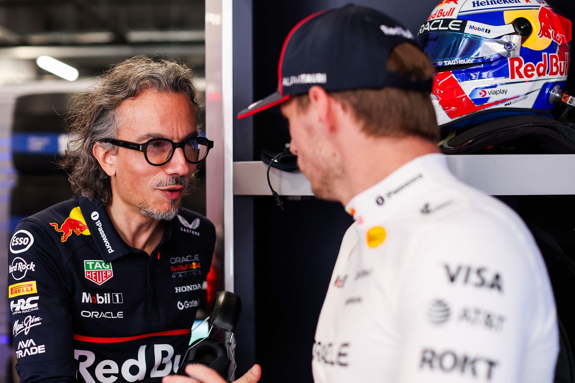 Max Verstappen and Laurent Mekies in the Red Bull garage during the Hungarian GP - Source: Getty
