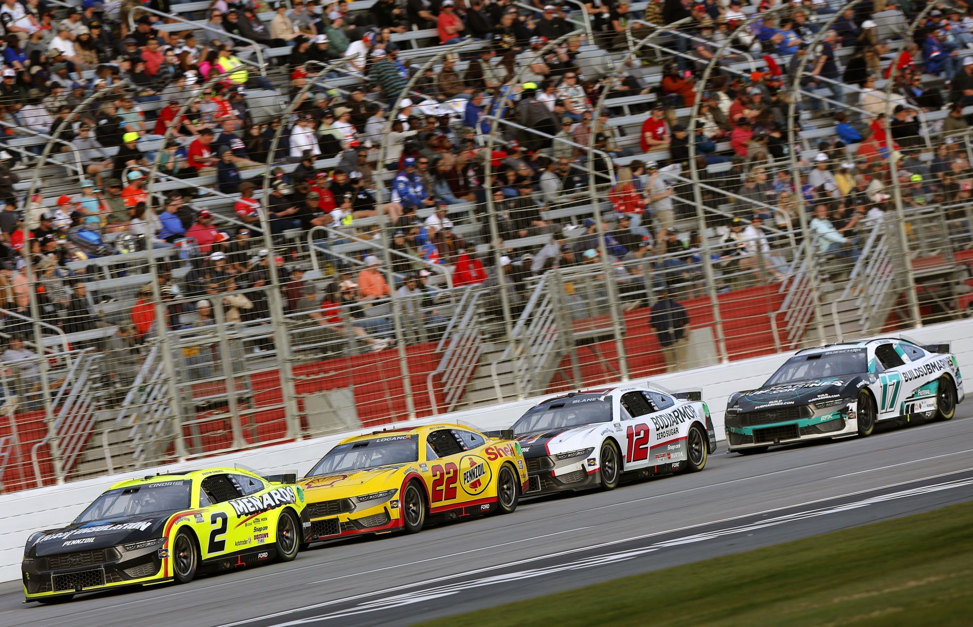 Austin Cindric (2), Joey Logano (22), and Ryan Blaney (12) during the NASCAR Cup Series. Source: Getty