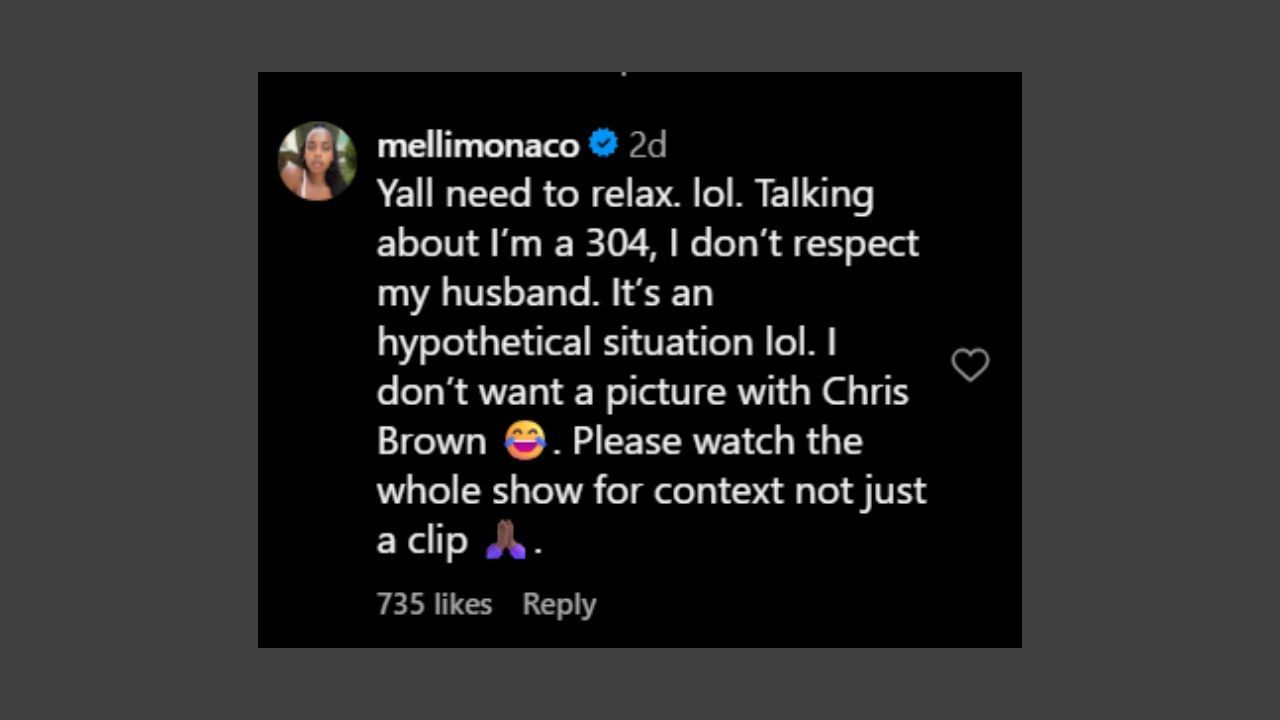 Melli Monaco clears the air after fans&#039; backlash on Chris Brown&#039;s confession. (Credits: @culturemillenials/Instagram)