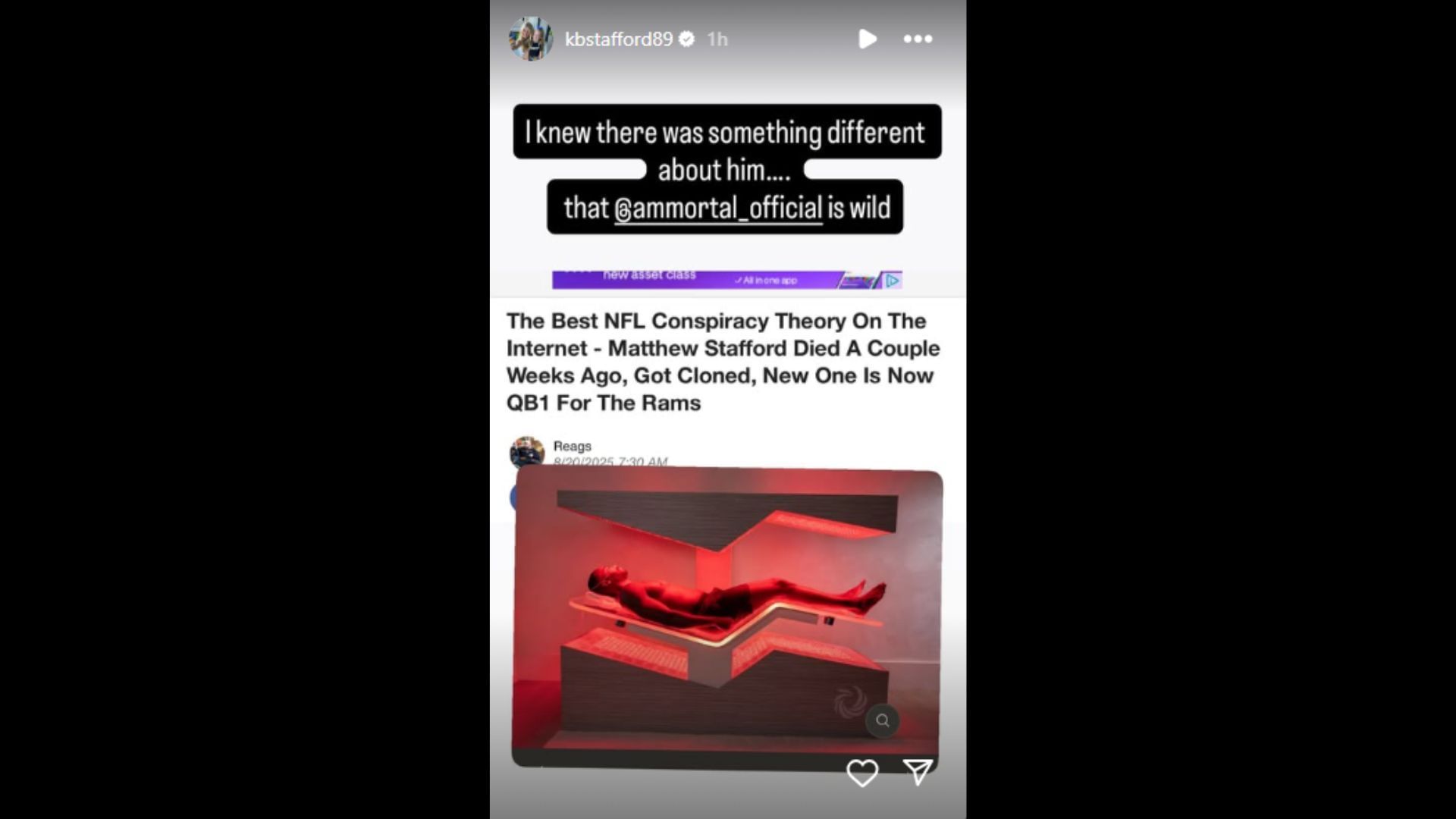 Kelly Stafford gave her take on the current conspiracy theory surrounding her husband. (Photo via Kelly Stafford&#039;s Instagram Story)