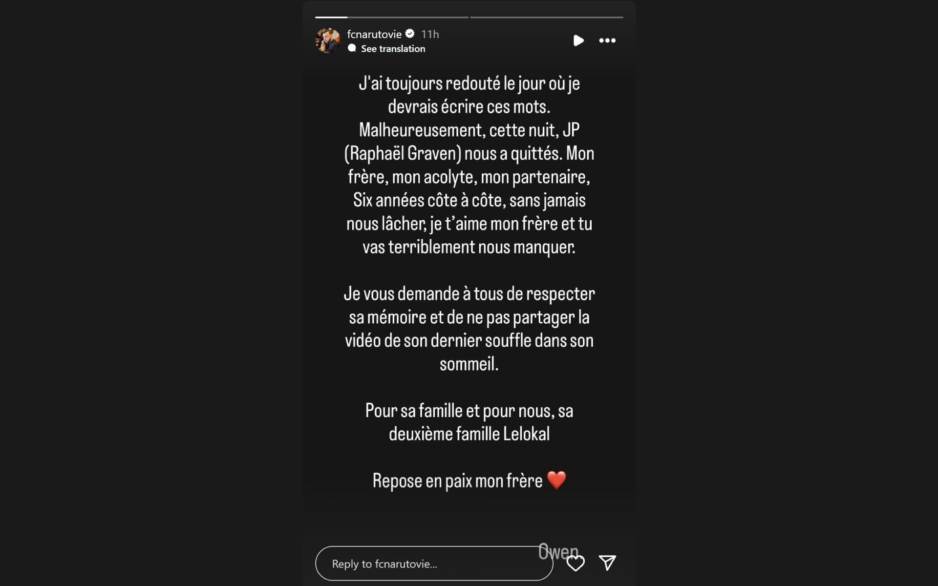 Owen &quot;Naruto&quot; Cenazandotti&#039;s statement regarding the streamer&#039;s death (Image via instagram.com/stories/fcnarutovie)