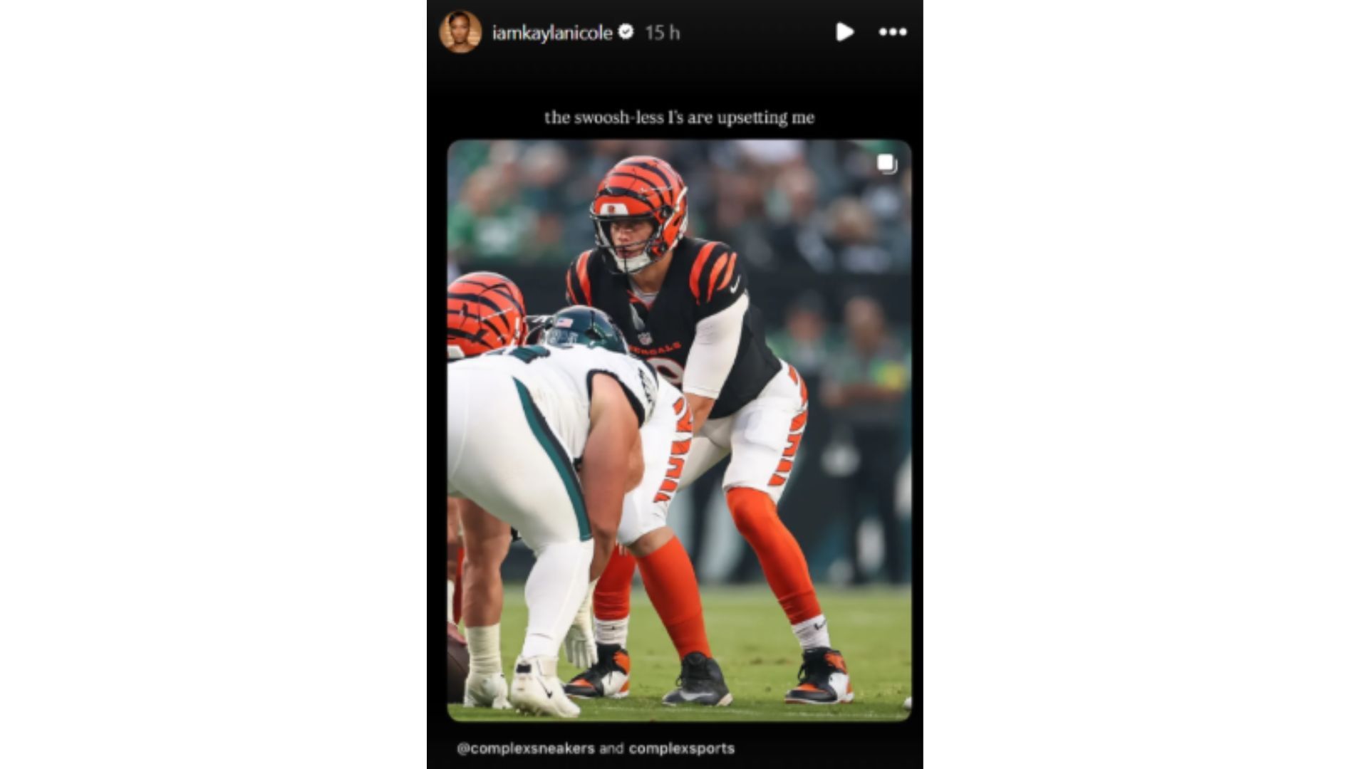 The reshared image of Joe Burrow&#039;s Nike cleats during the preseason matchup against the Eagles (image credit: instagram/iamkaylanicole)