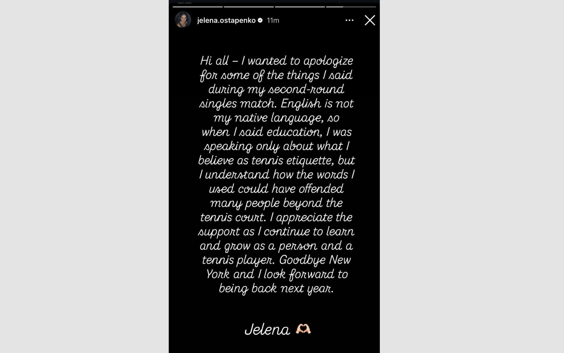 Screenshot via @jelena.ostapenko on Instagram, dated August 30, 2025.