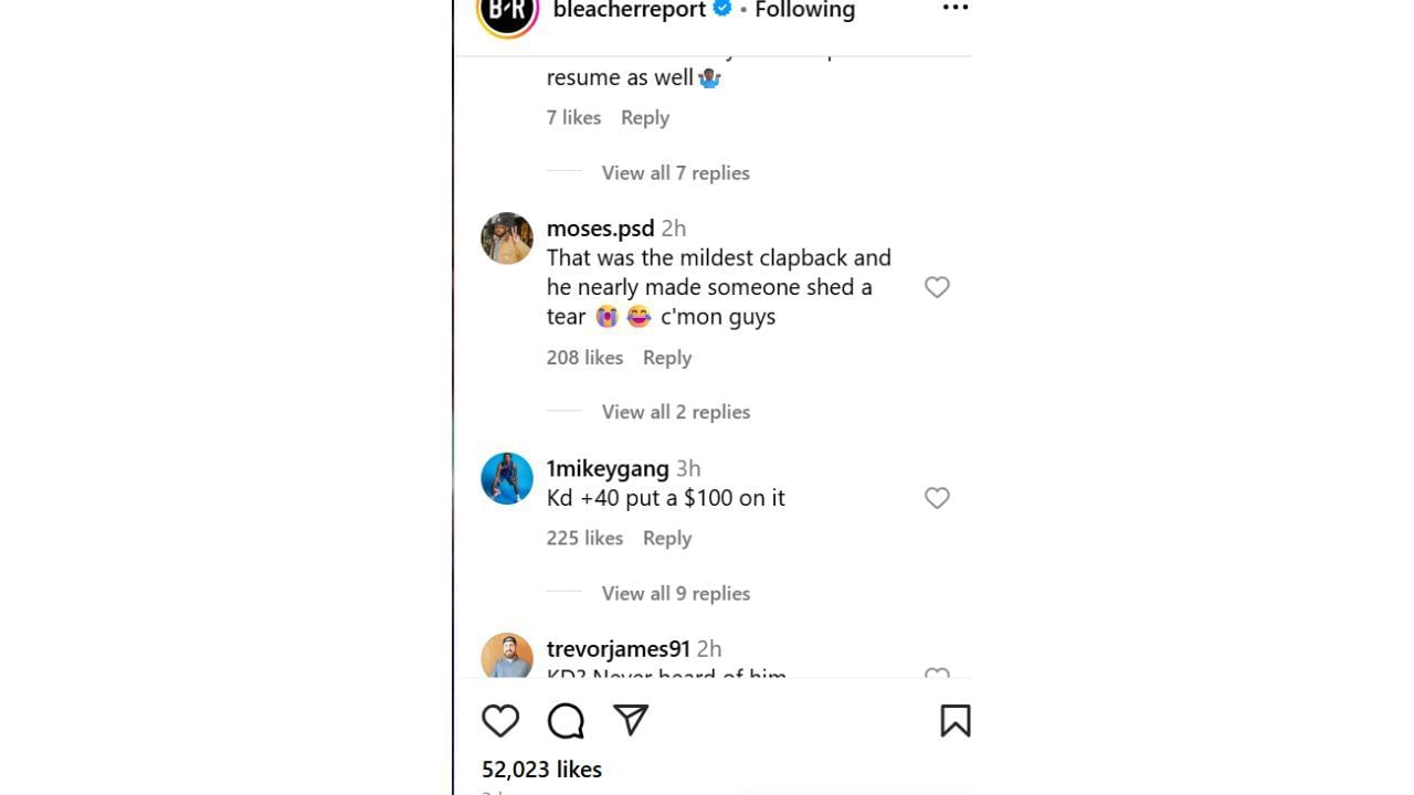 A fan reacts to Durant&#039;s response to social media trolling on Sunday. [photo: @bleacherreport/IG]