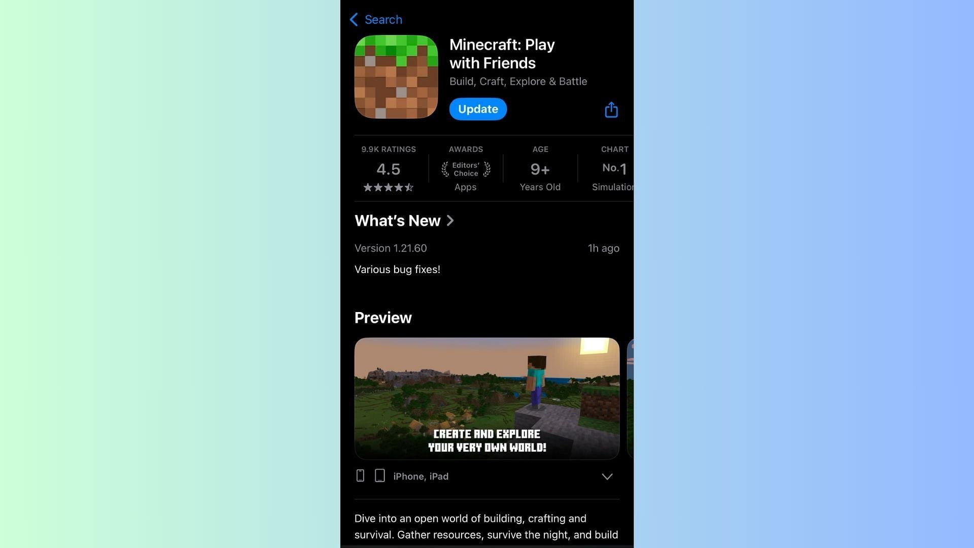 Head to the individual app stores to download and install the Minecraft Bedrock 1.21.100 update (Image via Sportskeeda Gaming || Mojang Studios)
