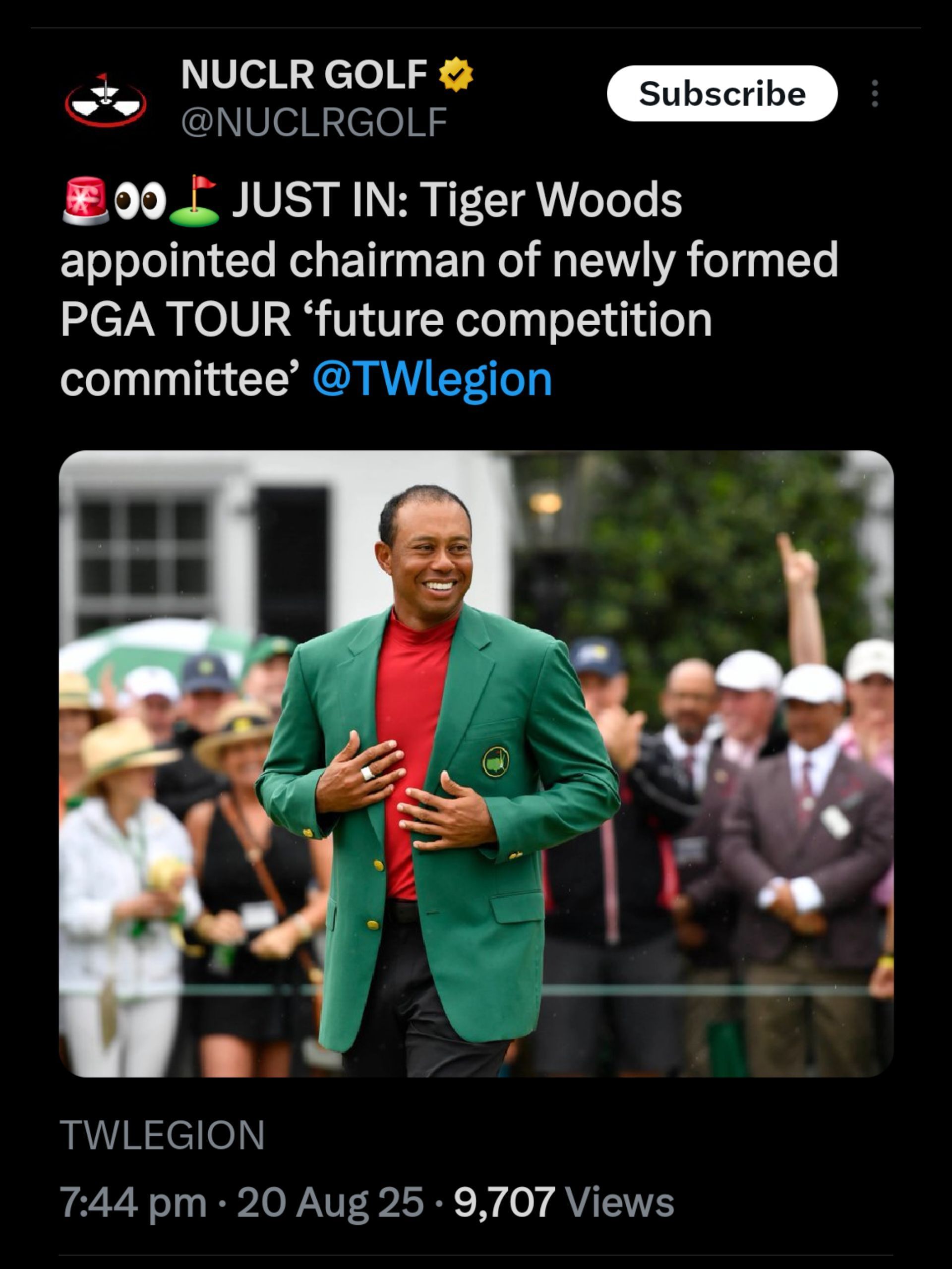 Screenshot from NUCLR Golf&#039;s X post on Woods/ @NUCLRGOLF on X