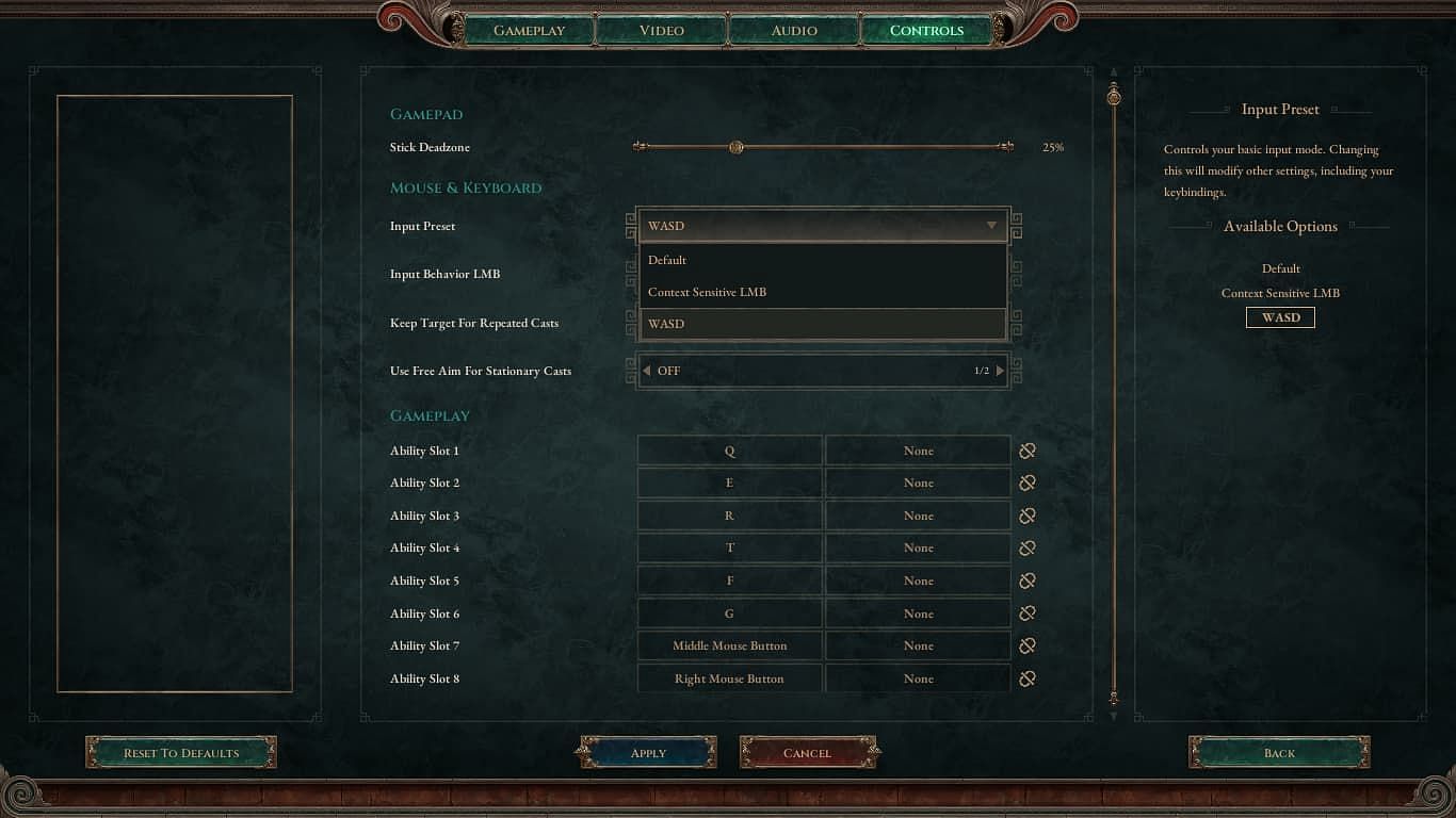WASD movement is one of the first toggles you can change from Controls (Image via THQ Nordic)