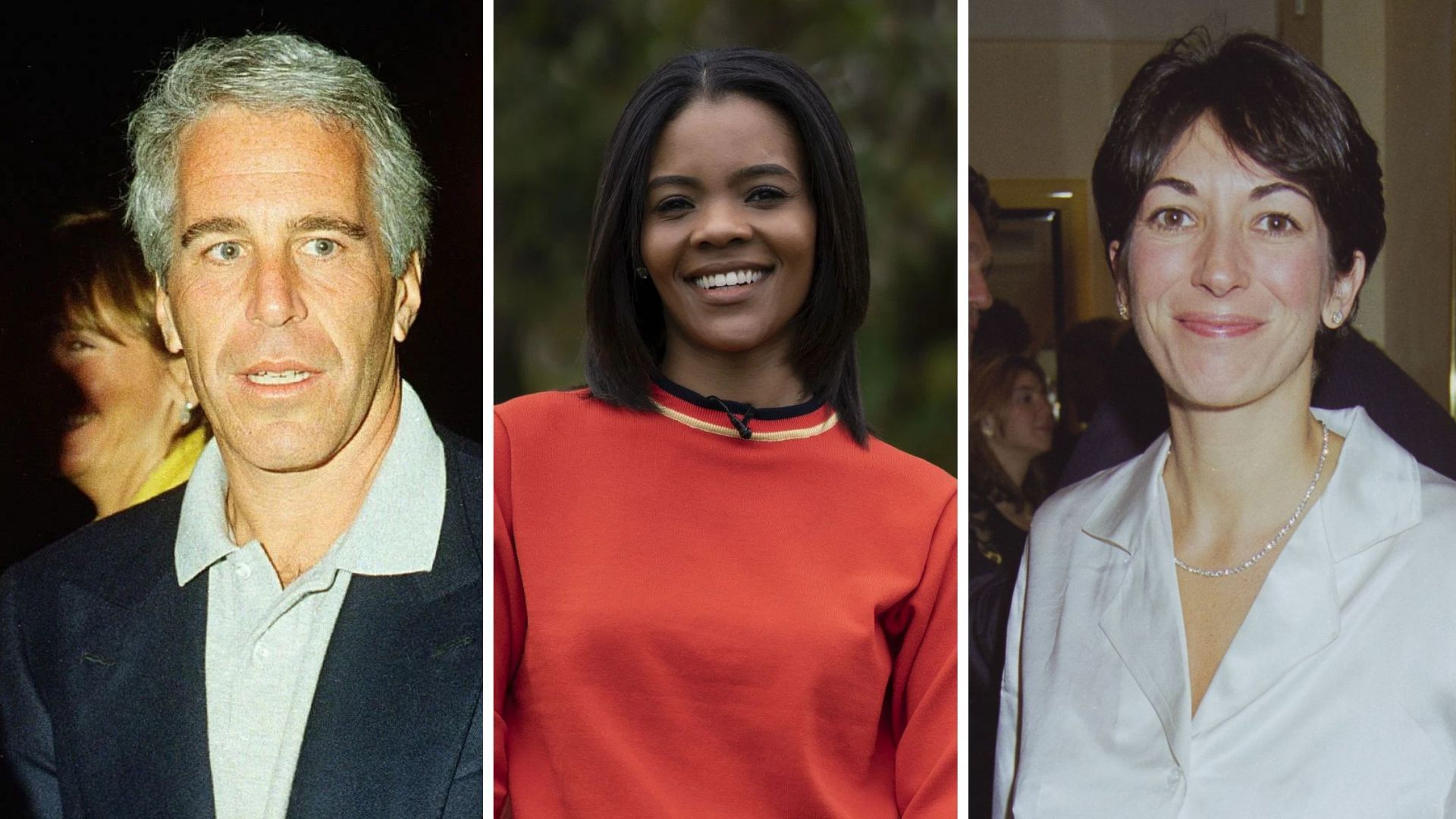 Jeffrey Epstein, Candace Owens, and Ghislaine Maxwell (All Images via Getty)