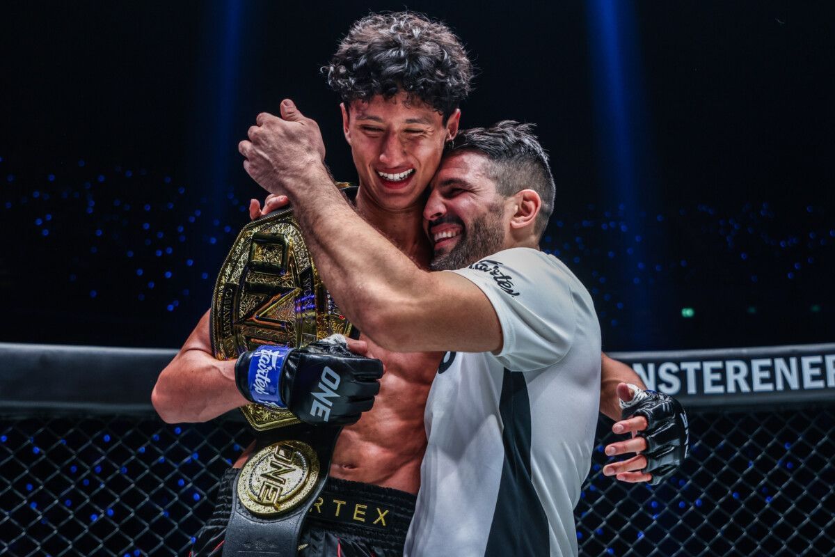 Nabil Anane (left) shares a moment with his head coach Mehdi Zatout. [Image courtesy from ONE Championship]