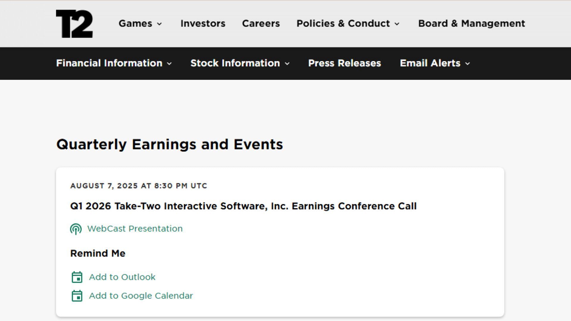 Details of the next Take-Two earnings call (Image via Take-Two Interactive)