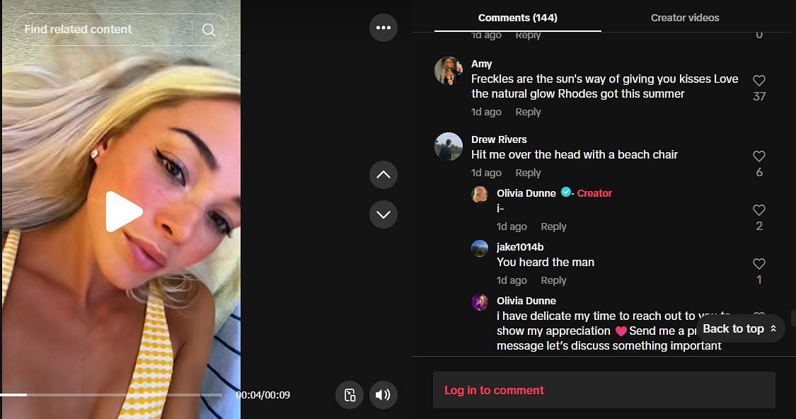 Comments section on Olivia Dunne&#039;s TikTok
